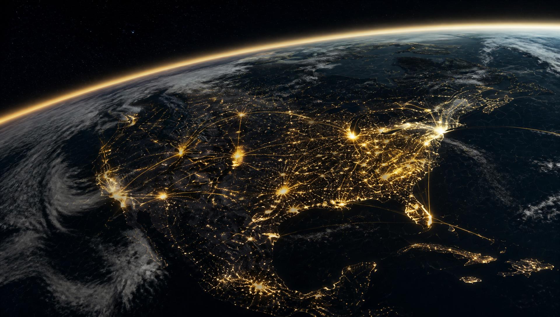 Earth from orbit with a gold-lit decision-maker network