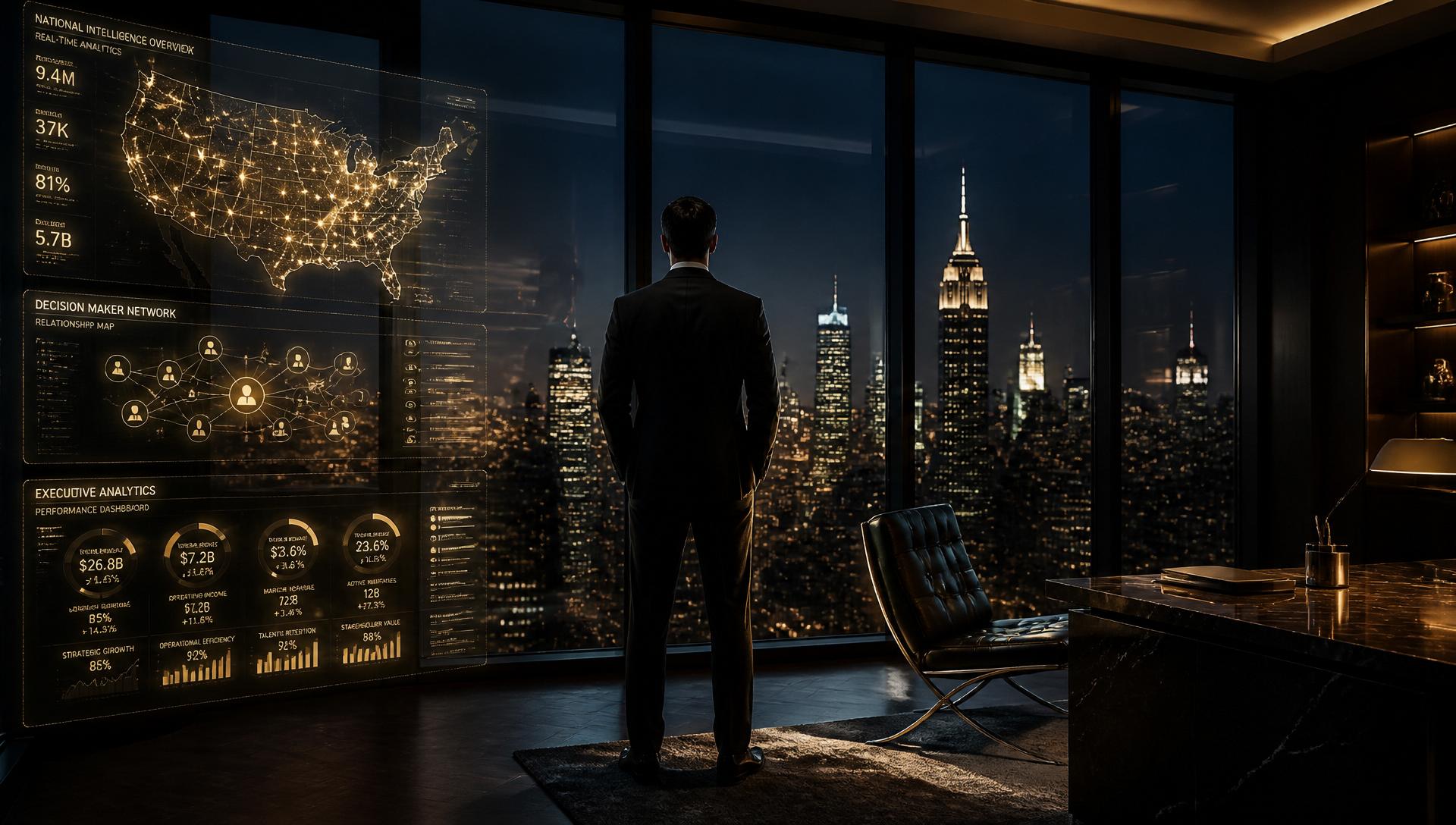 Executive overlooking Manhattan skyline reviewing intelligence dashboards